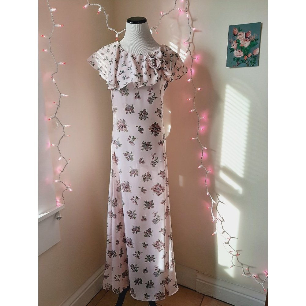 90s does 70s Sheer Lavender Floral Chiffon Flutter Sleeve Maxi Dress Corset Tie